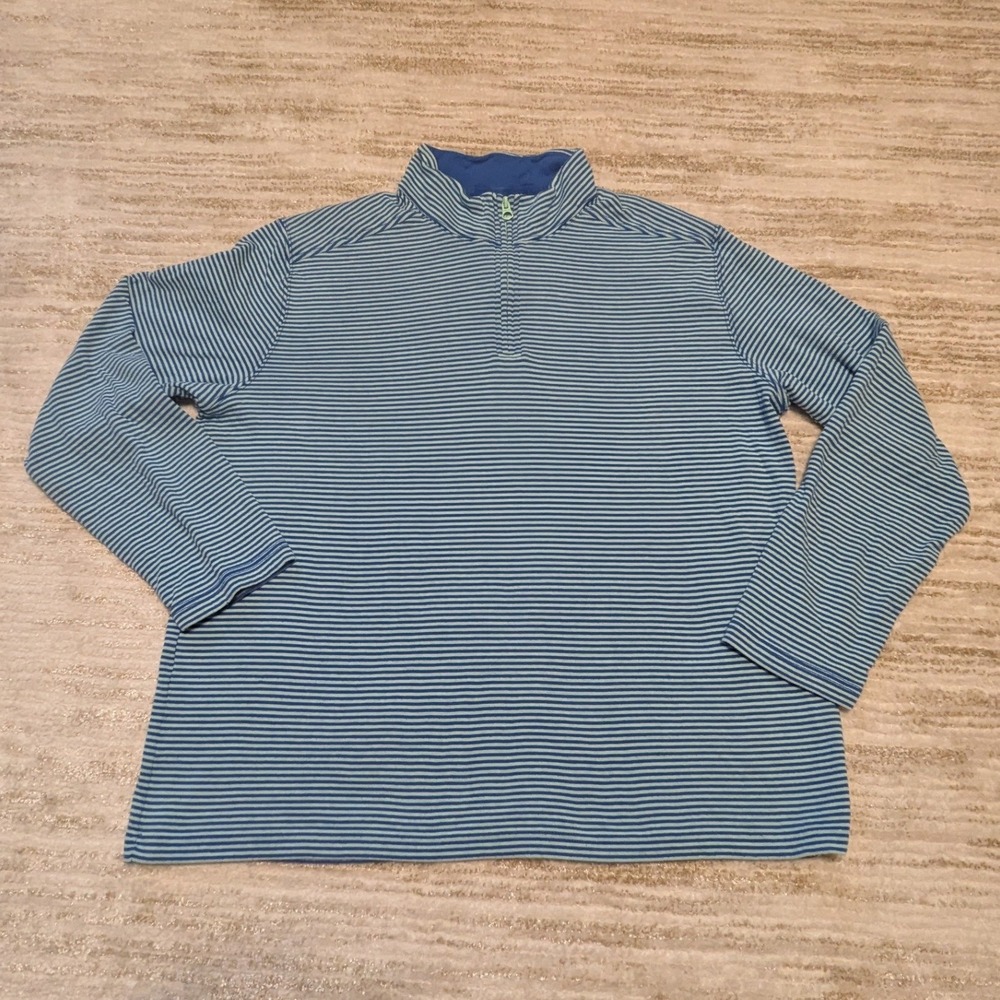Lands End Quarter Zip Pullover Mens Sz XL Blue Striped Cotton Mock Neck Sweater